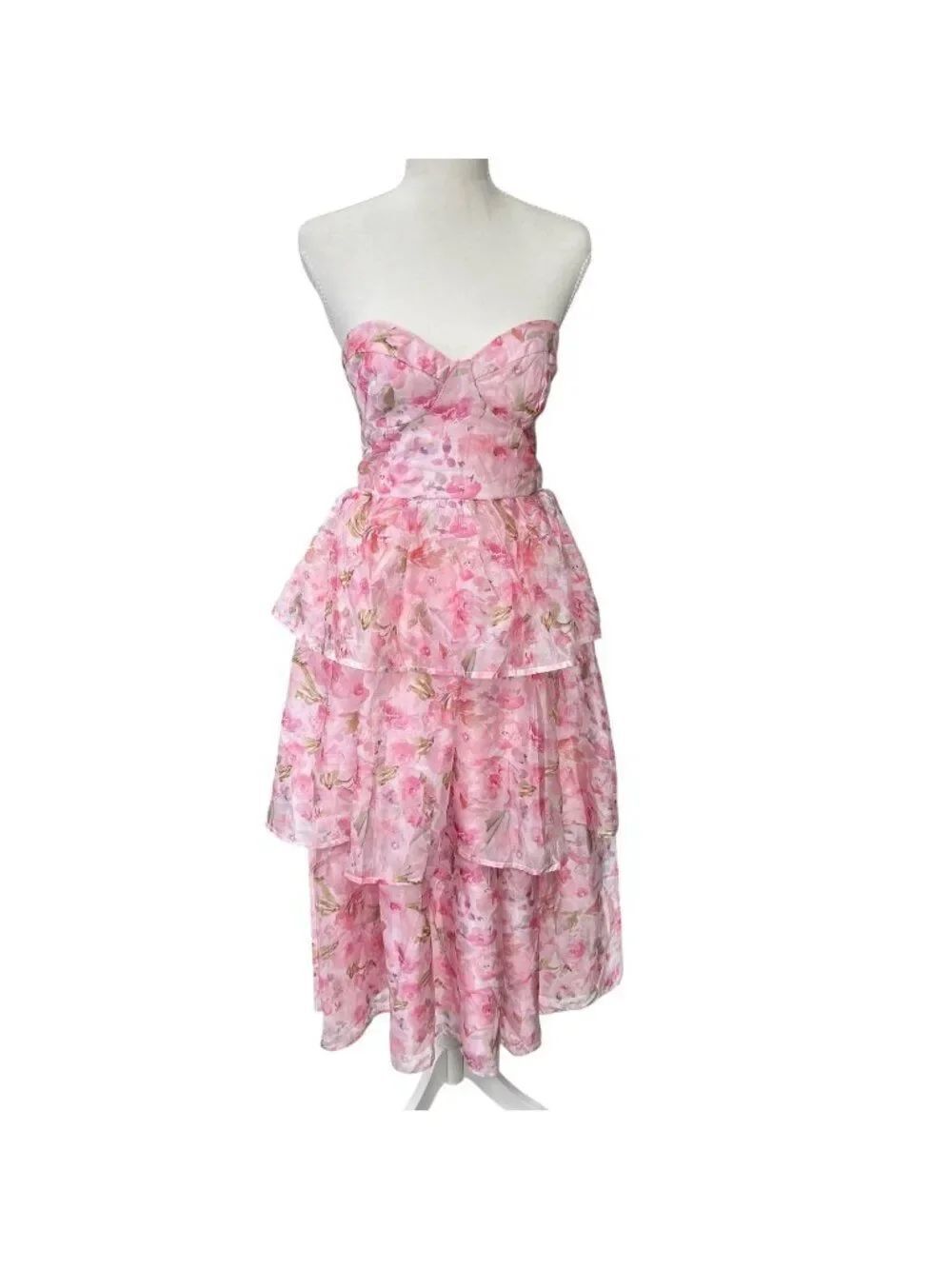 Lulus NWT Pristine Cutie Light Pink Floral Organza Bustier Tiered Midi Dress Med